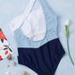 Sky Blue Color Block One Shoulder Backless One-piece Swimwear
