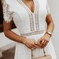 White V Neck High Waist Lace Maxi Dress
