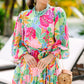 Green Multicolor Botanical Bubble Sleeve Mini Dress